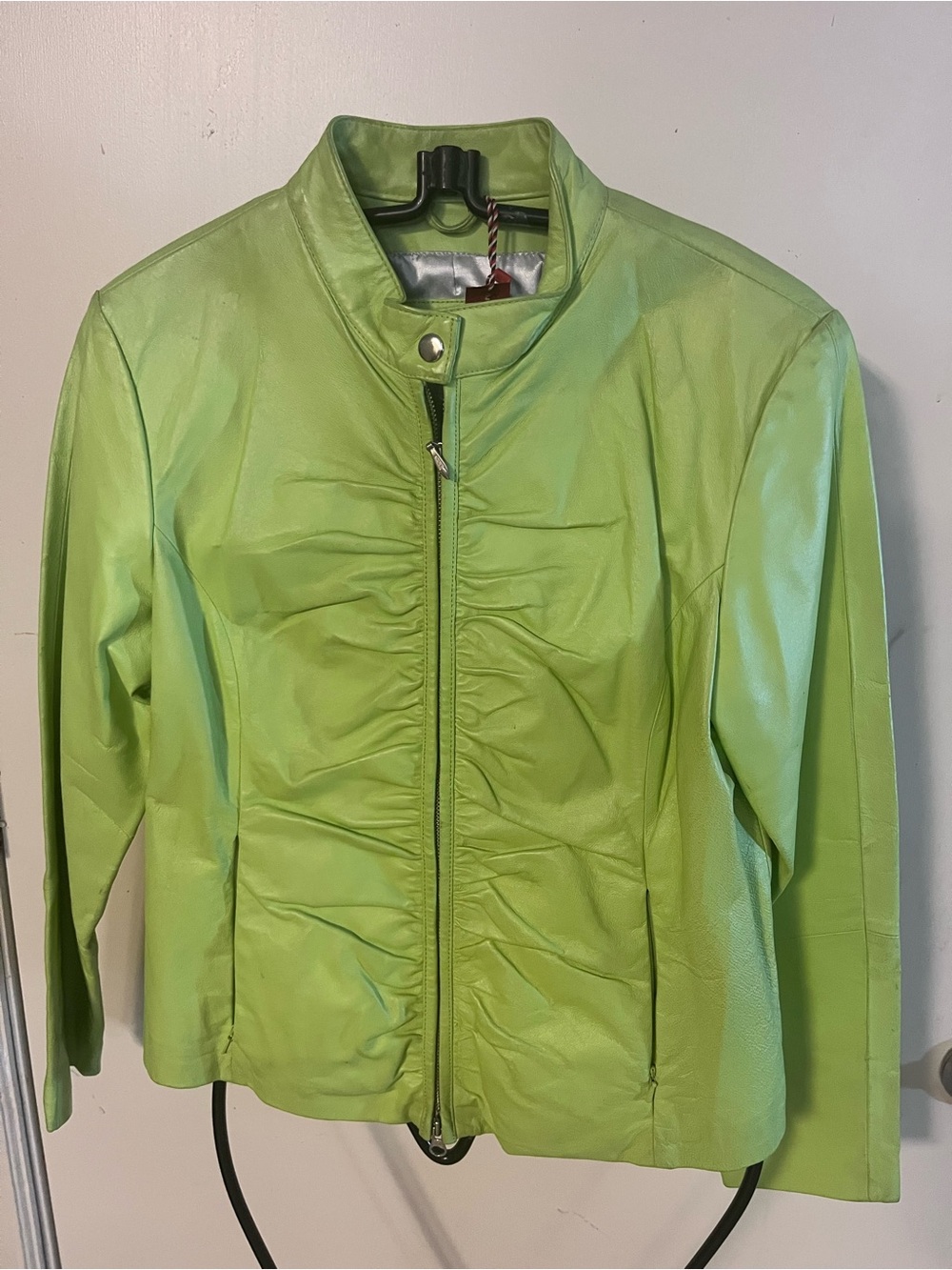 Wilsons Leather Bright Lime Green Ruched Front Leather Jacket